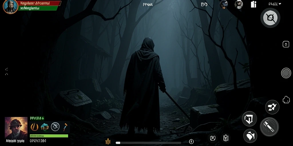 Screenshot gameplay PP444 menampilkan suasana mencekam di dalam ruangan gelap.