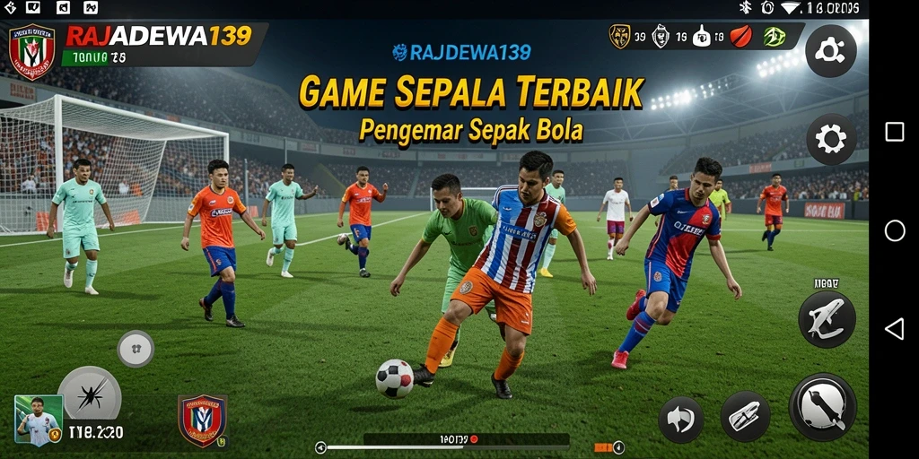 Screenshot menunjukkan aksi seru dalam game sepak bola RAJADEWA138.